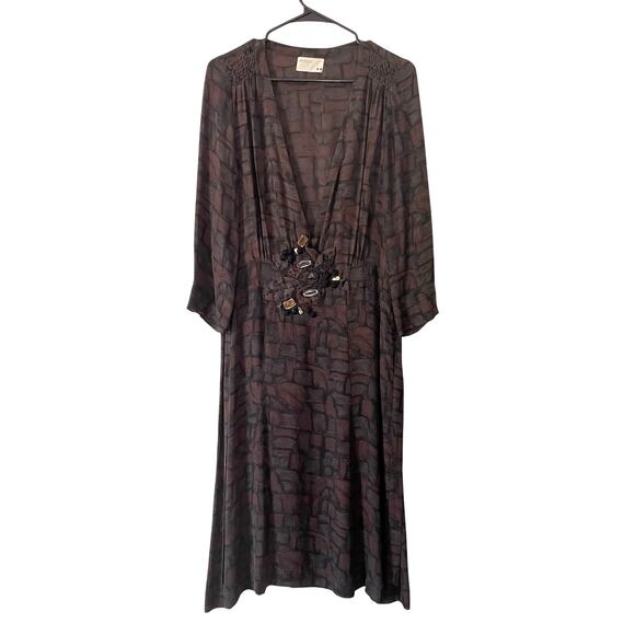 Rutzou Dresses & Skirts - Boho Y2K Beaded Tie-Back Midi Dress 90s Silk Brown Abstract Print Applique Sz 10